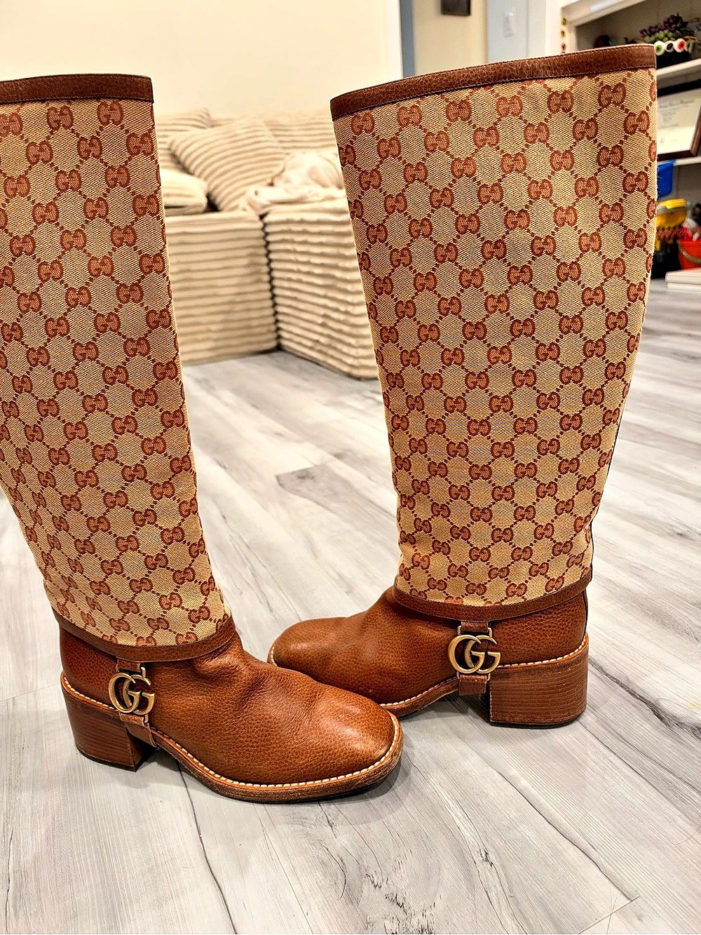 Gucci GG Supreme Canvas and Leather Knee-High Boots Over-the-Knee Boots